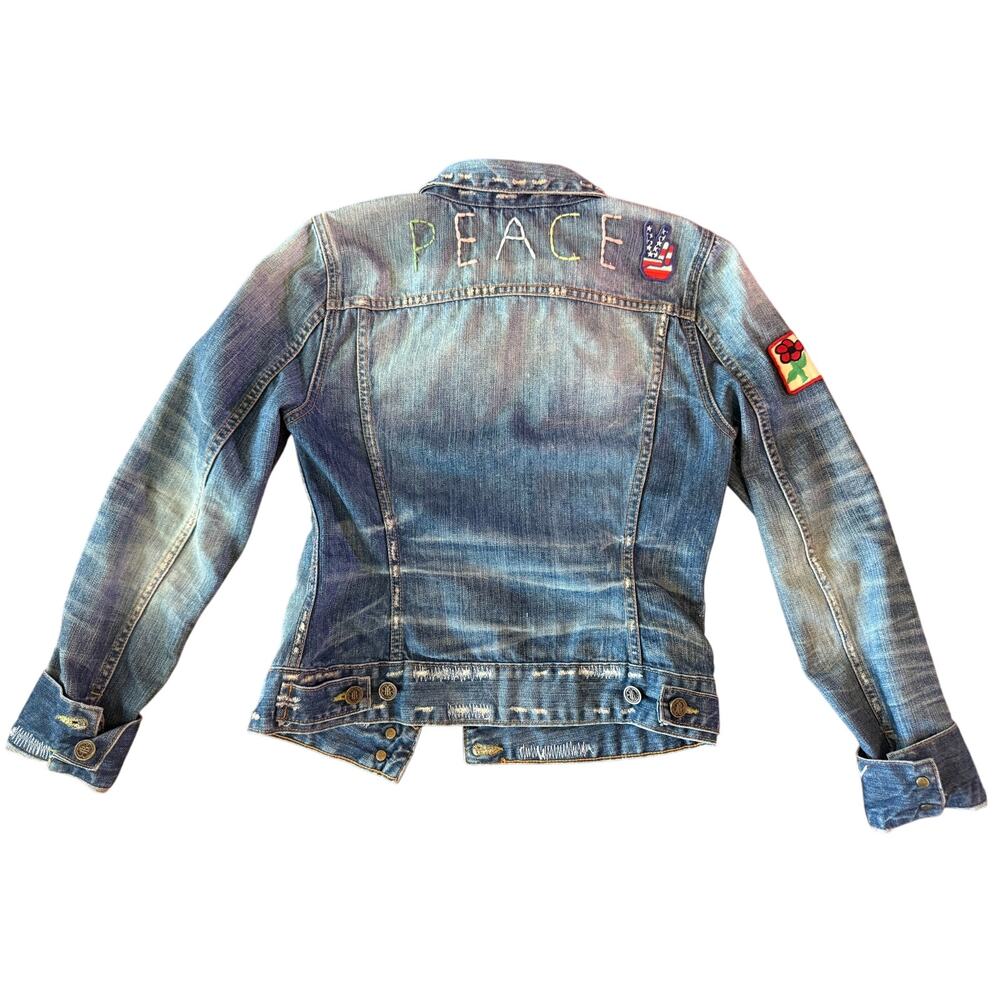 Vintage Lucky Legends Denim Jacket Embroidered Hippie Boho Distressed Patch - Picture 2 of 6